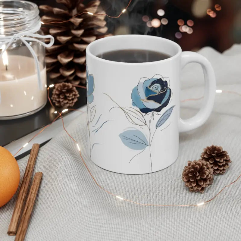 Messy Blue Roses Sketch Floral Mug - Ceramic Coffee 11oz