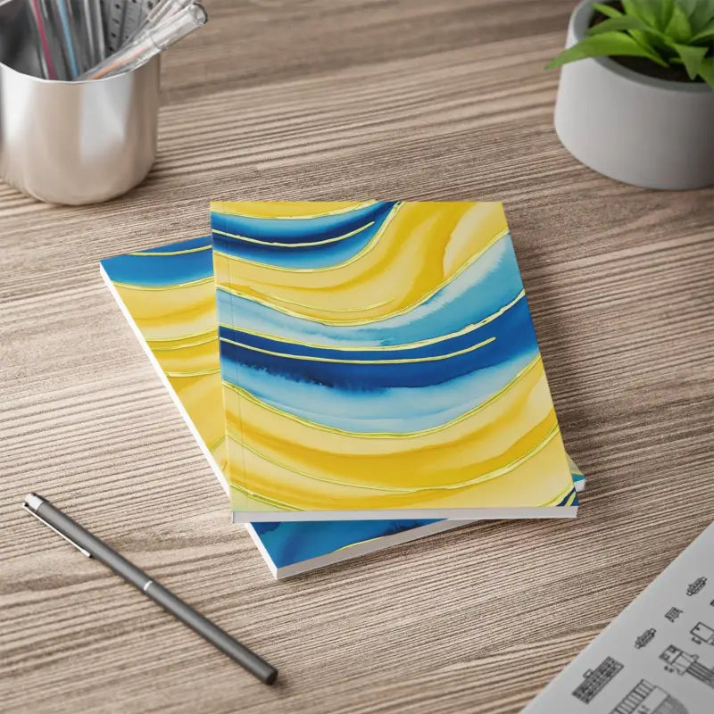 Yellow and Blue Watercolour Waves - Softcover Notebook A5