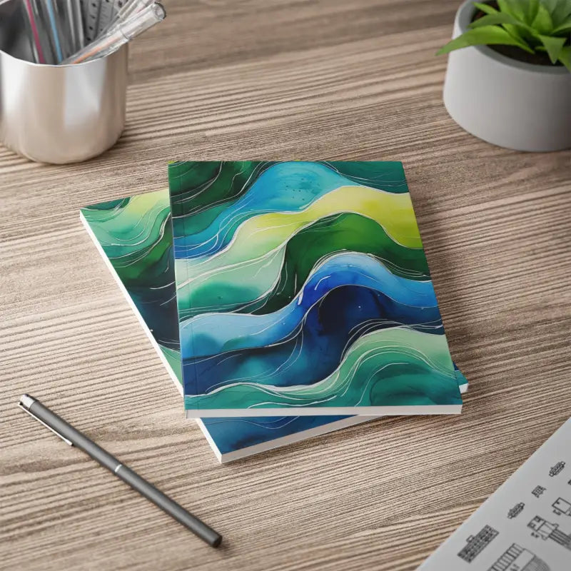 Green and Blue Watercolour Whimsical Waves - Softcover Notebook A5