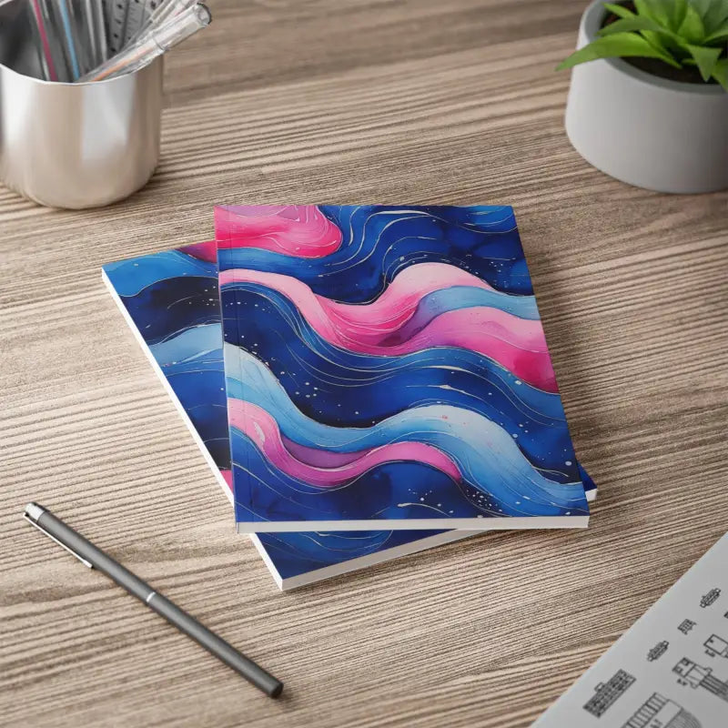 Pink and Blue Watercolour Whimsical Waves - Softcover Notebook A5