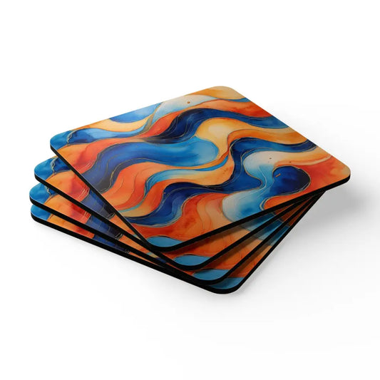 Blue and Orange Watercolour Wavey Patterns - 4 Piece Corkwood Coaster Set