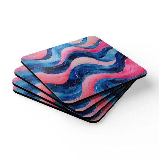 Blue and Pink Watercolour Whimsical Waves - 4 Piece Corkwood Coaster Set