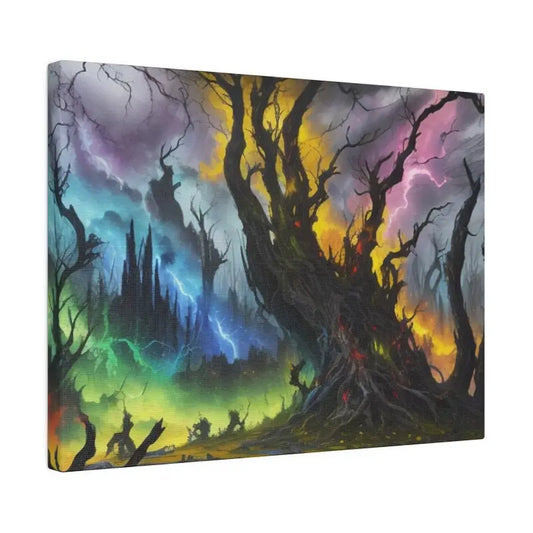 Colourful Lightning Among Dying Trees In Forest - Matte Canvas Stretched 0.75’’