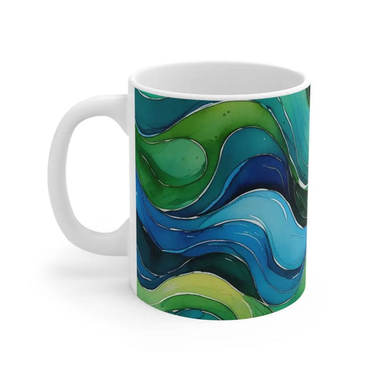 Blue and Green Watercolour Whimsical Waves - Ceramic Coffee Mug 11oz