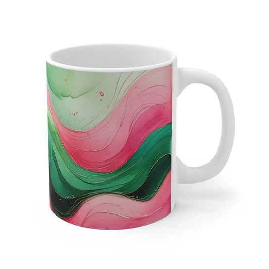 Pink and Green Watercolour Whimsical Waves - Ceramic Coffee Mug 11oz