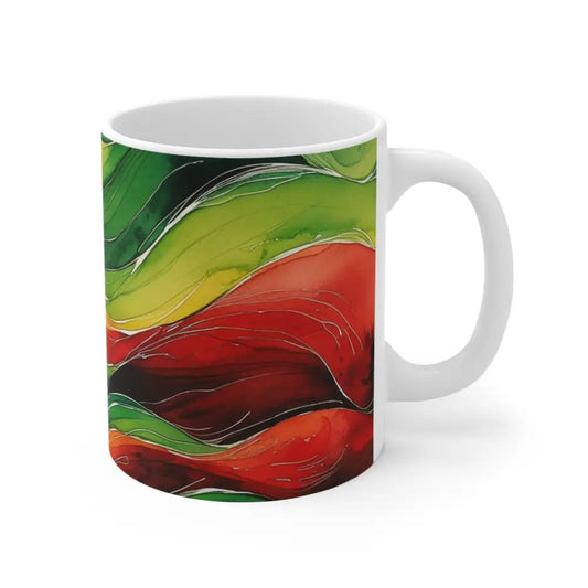 Red and Green Watercolour Whimsical Waves - Ceramic Coffee Mug 11oz