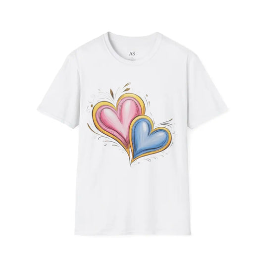 Pink and Blue Paired Love Hearts - Adult Unisex T-Shirt - Men Women