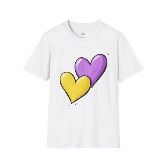 Yellow and Purple Paired Love Hearts - Adult Unisex T-Shirt - Men Women