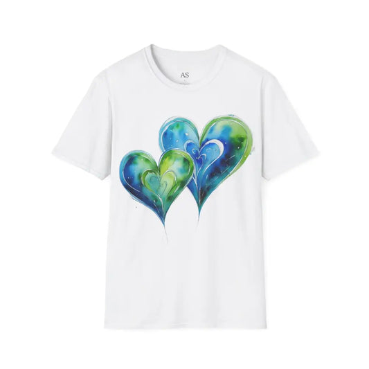 Paired Watercolour Teal Love Hearts - Adult Unisex T-Shirt - Men and Women