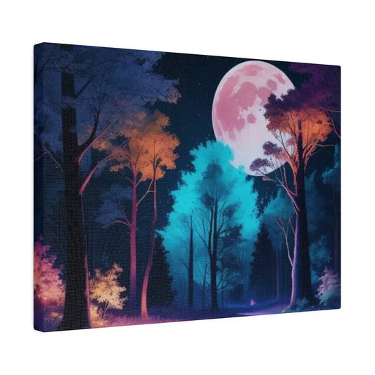 Night Time Full Moon Colourful Forest Art - Matte Canvas Stretched 0.75’’