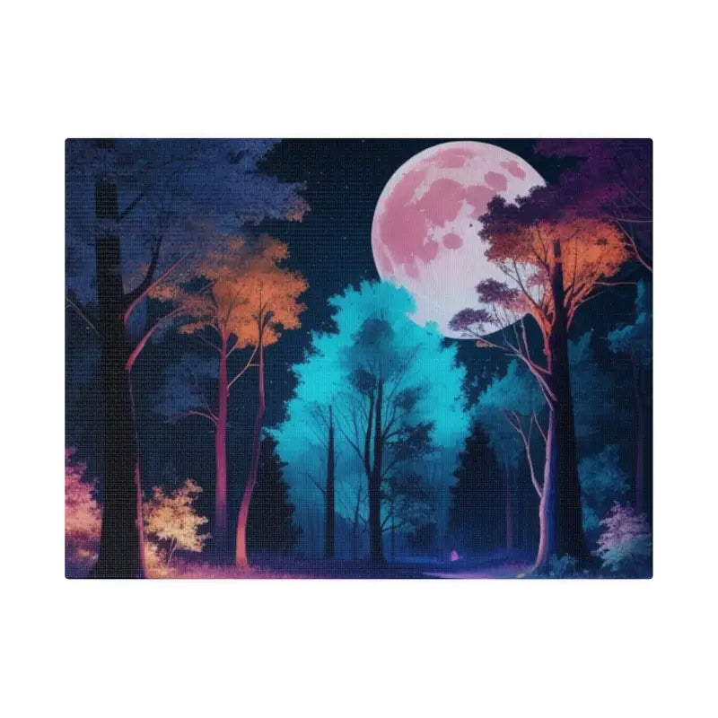 Night Time Full Moon Colourful Forest Art - Matte Canvas Stretched 0.75’’