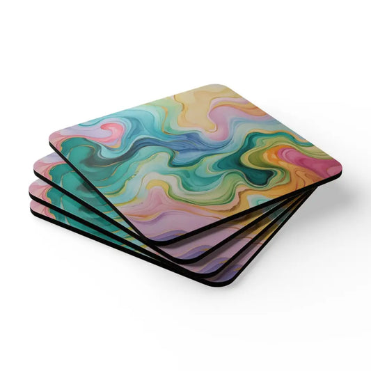 Multicoloured Watercolour Whimsical Waves - 4 Piece Corkwood Coaster Set