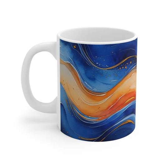 Blue and Orange Watercolour Whimsical Waves - Ceramic Coffee Mug 11oz