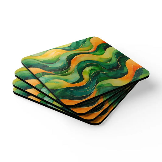 Green and Orange Watercolour Whimsical Waves - 4 Piece Corkwood Coaster Set