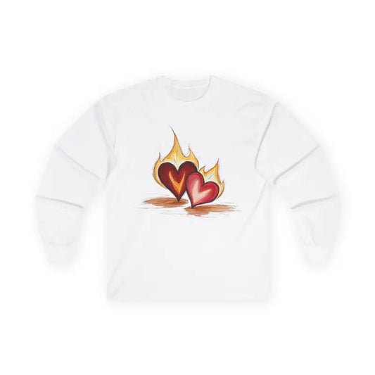 Burning Paired Love Hearts - Adult Unisex Long Sleeve T-Shirt - Men and Women