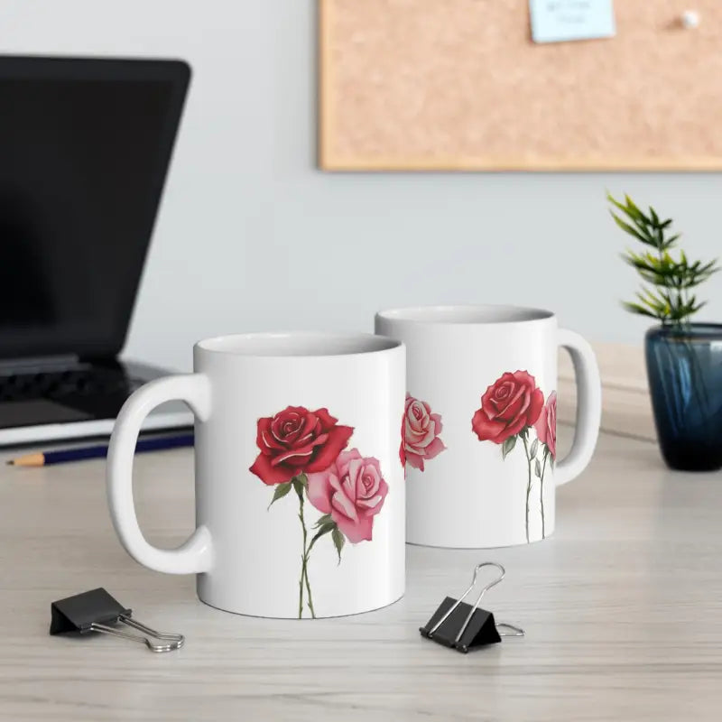 Red and Pink Rose Duo - Ceramic Coffee Mug 11oz