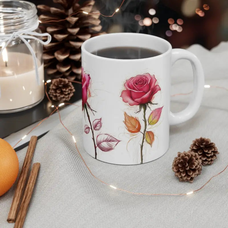 Vibrant Pink Roses Floral Mug - Ceramic Coffee 11oz