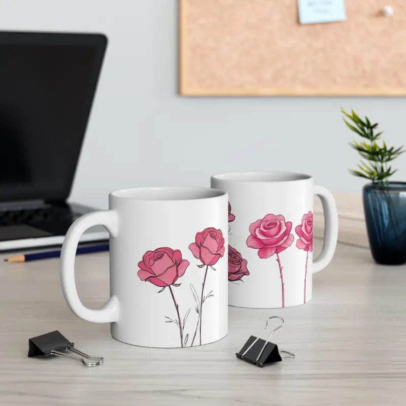 Sketched Duo Pink Roses Mug - Ceramic Coffee 11oz