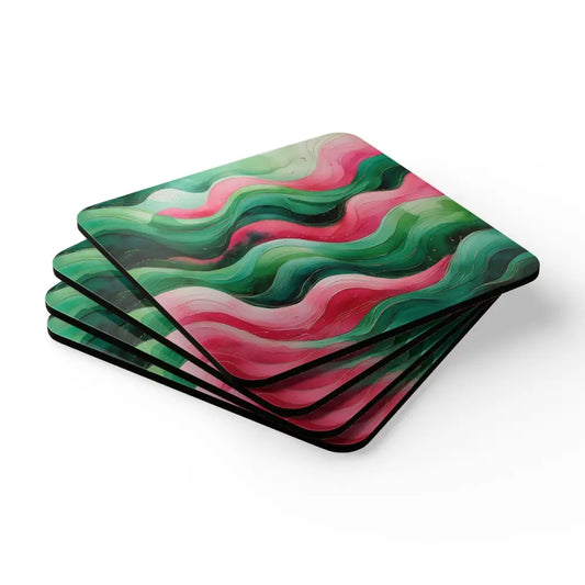 Green and Pink Watercolour Whimsical Waves - 4 Piece Corkwood Coaster Set