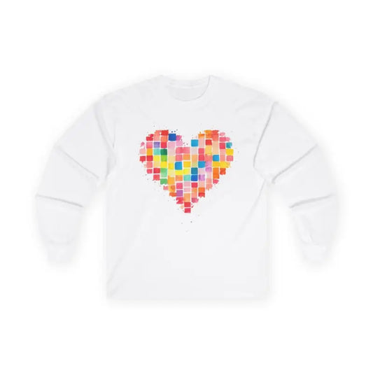 Watercolour Pixelated Multicoloured Love Heart - Adult Unisex Long Sleeve T-Shirt - Men and Women