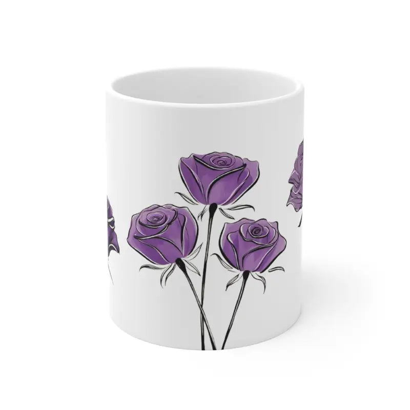 Sketched Purple Roses Floral Mug - Ceramic Coffee 11oz