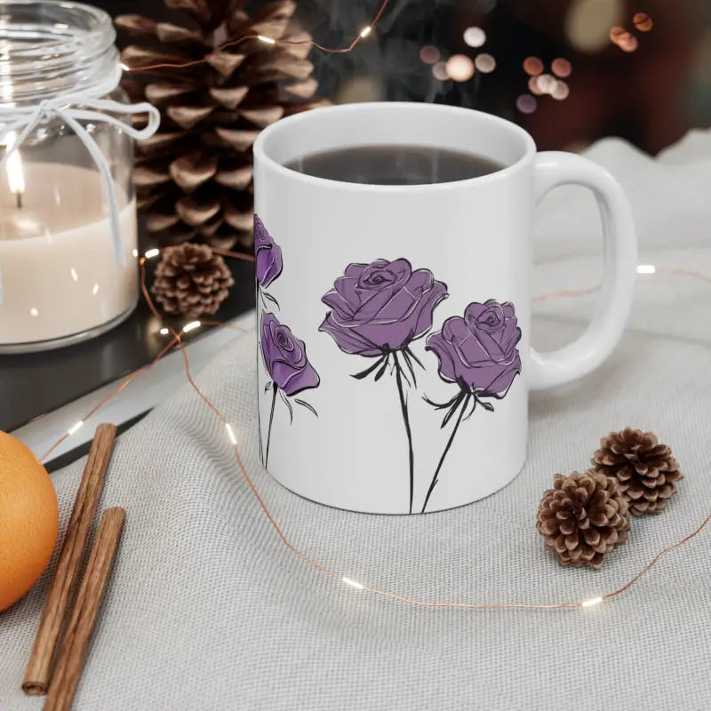 Sketched Purple Roses Floral Mug - Ceramic Coffee 11oz