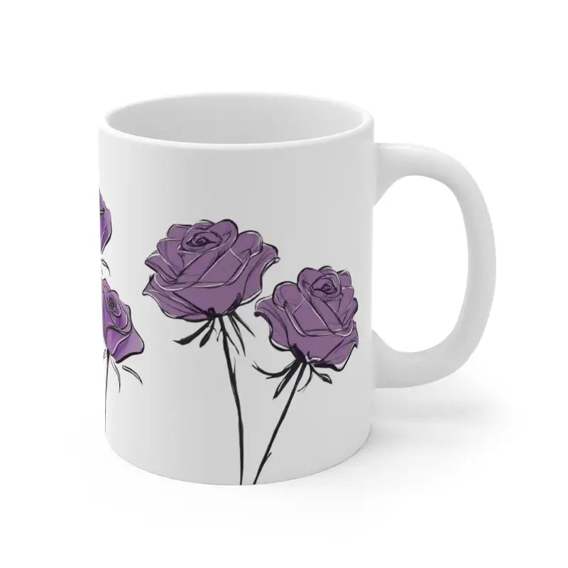 Sketched Purple Roses Floral Mug - Ceramic Coffee 11oz