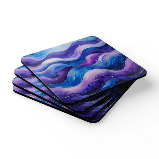 Blue and Purple Watercolour Whimsical Waves - 4 Piece Corkwood Coaster Set