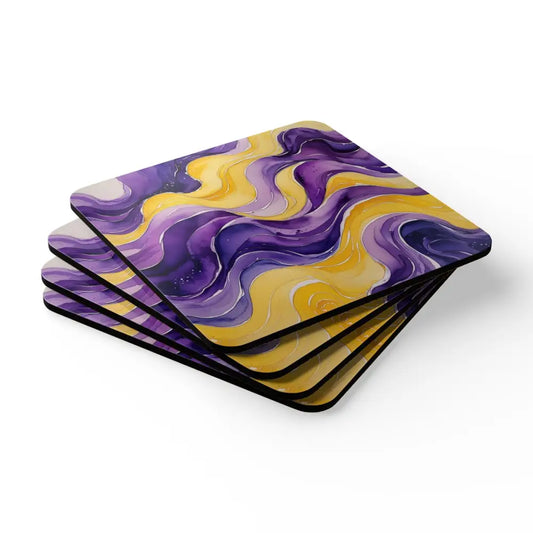 Yellow and Purple Watercolour Whimsical Waves - 4 Piece Corkwood Coaster Set