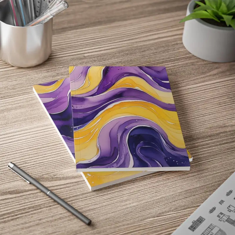 Yellow and Purple Watercolour Whimsical Waves - Softcover Notebook A5