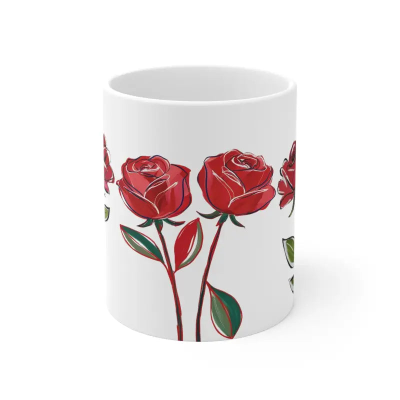 Twin Red Roses Floral Mug - Ceramic Coffee 11oz