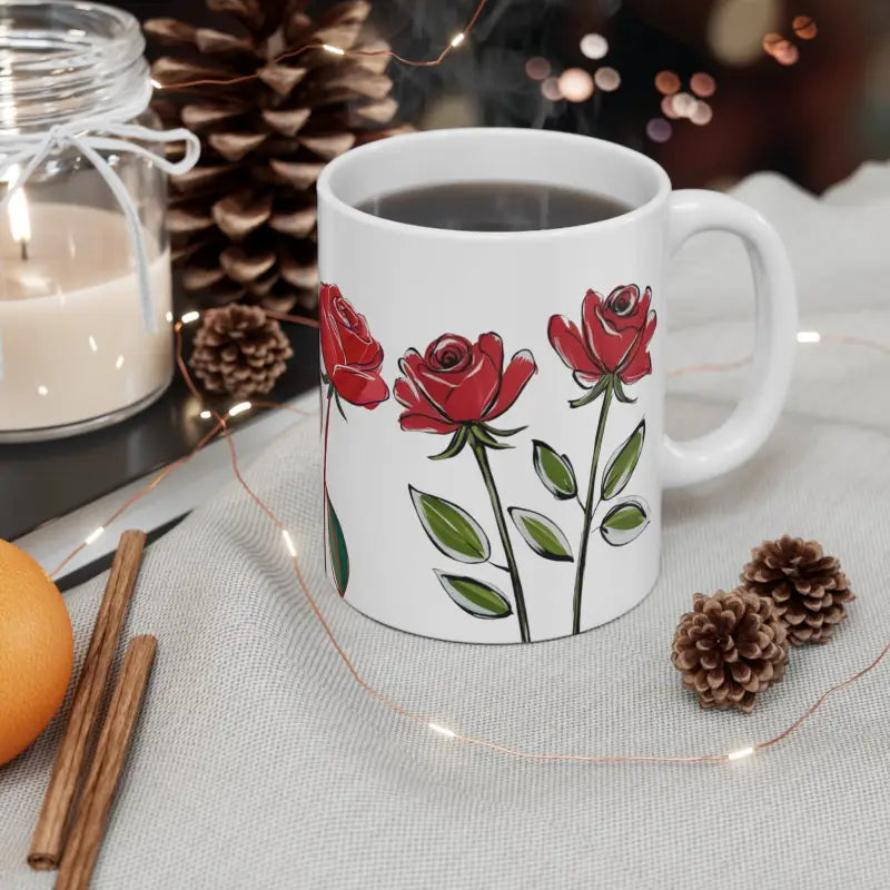 Twin Red Roses Floral Mug - Ceramic Coffee 11oz