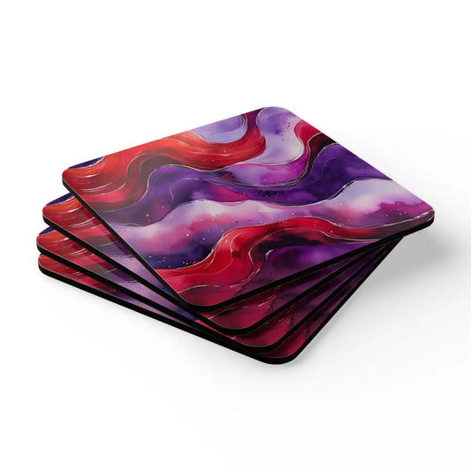 Purple and Red Watercolour Whimsical Waves - 4 Piece Corkwood Coaster Set