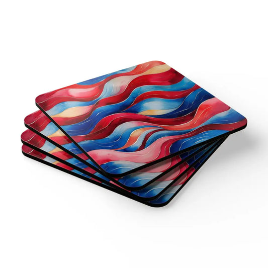 Blue and Red Watercolour Whimsical Waves - 4 Piece Corkwood Coaster Set