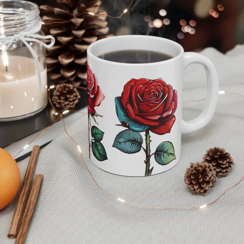 Sketched Red Roses Floral Mug - Ceramic Coffee Cup 11oz