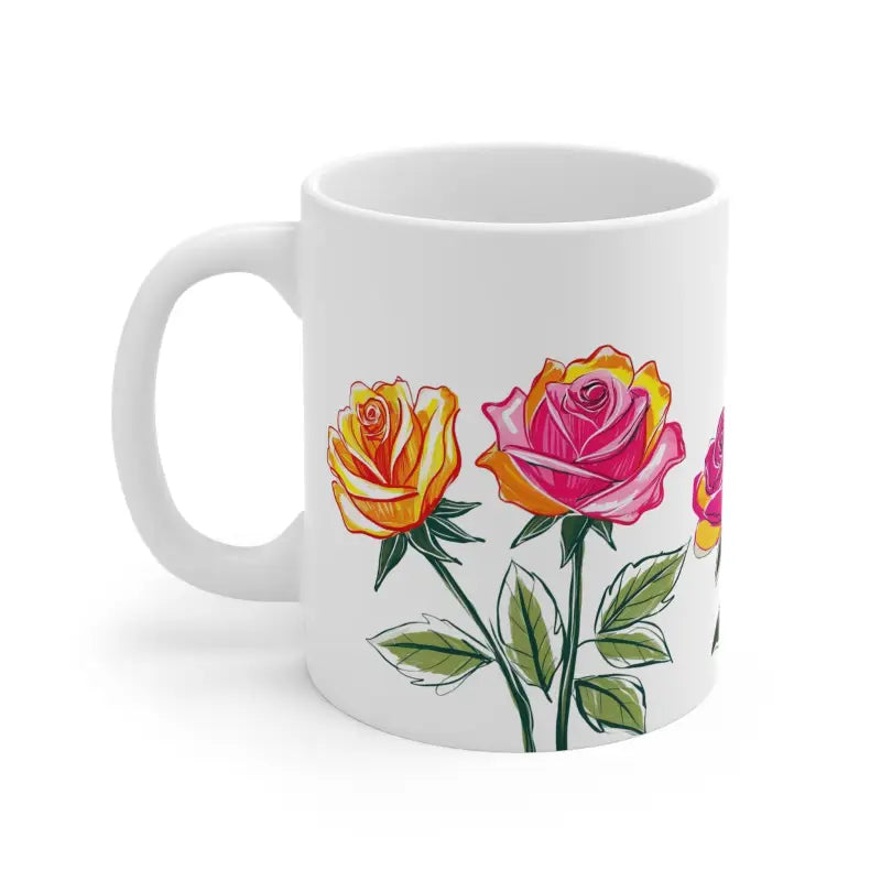 Vibrant Sketched Twin Roses Floral Mug - Ceramic Coffee 11oz