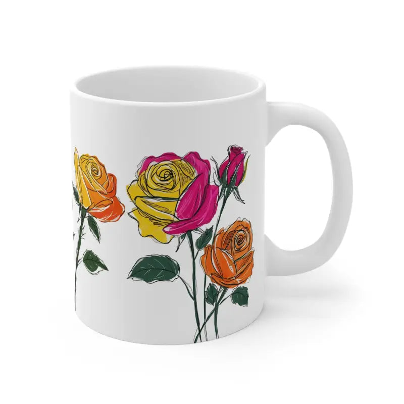 Vibrant Sketched Twin Roses Floral Mug - Ceramic Coffee 11oz