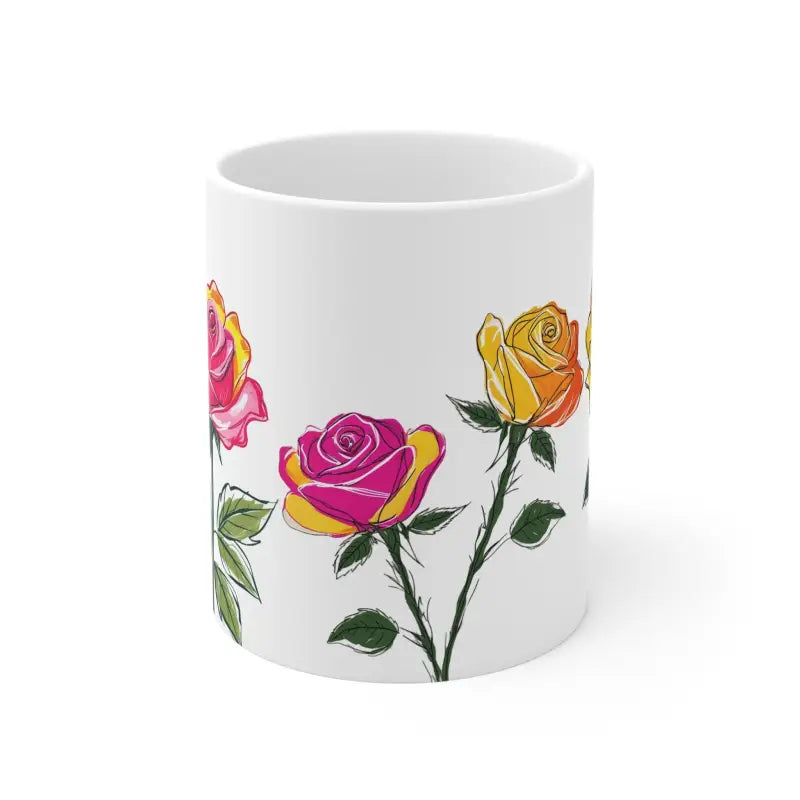 Vibrant Sketched Twin Roses Floral Mug - Ceramic Coffee 11oz