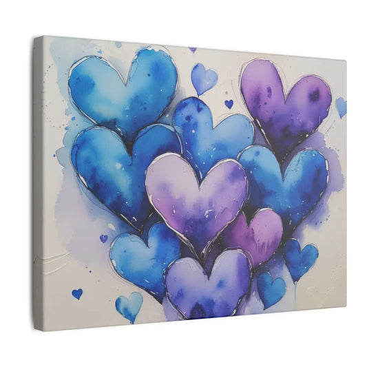 Blue and Purple Watercolour Messy Love Hearts - Colourful Stretched Wall Décor for Home or Gift