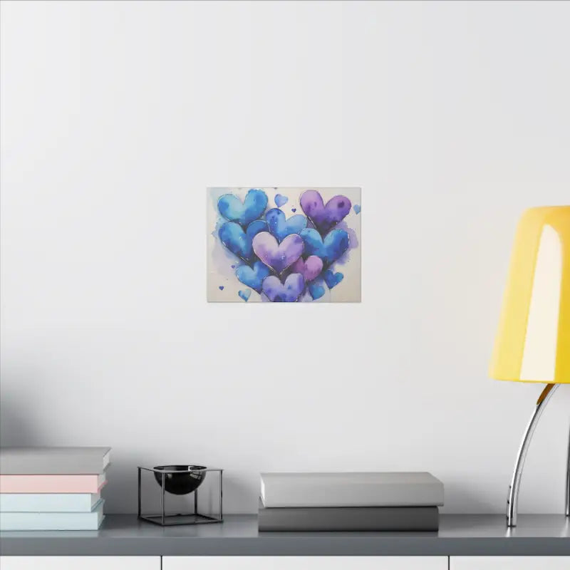 Blue and Purple Watercolour Messy Love Hearts - Colourful Stretched Wall Décor for Home or Gift