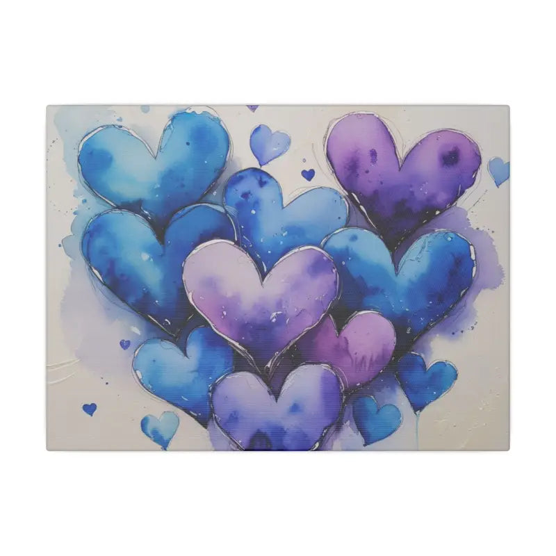 Blue and Purple Watercolour Messy Love Hearts - Colourful Stretched Wall Décor for Home or Gift