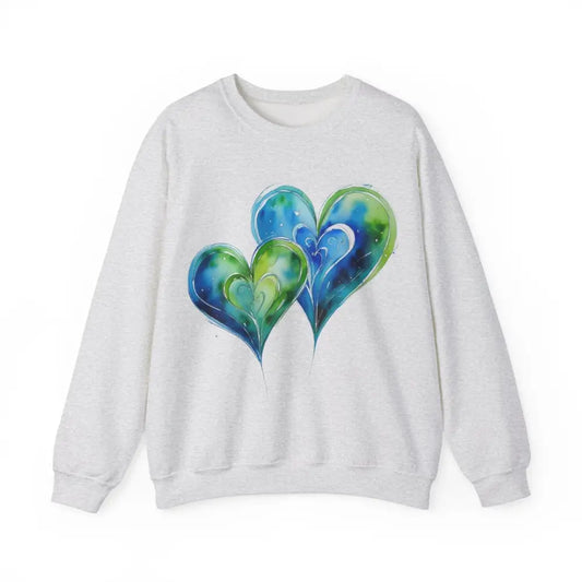 Paired Watercolour Teal Love Hearts - Adult Unisex Crewneck Sweatshirt Jumper - Men and Women