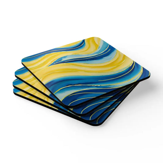 Blue and Yellow Watercolour Whimsical Waves - 4 Piece Corkwood Coaster Set