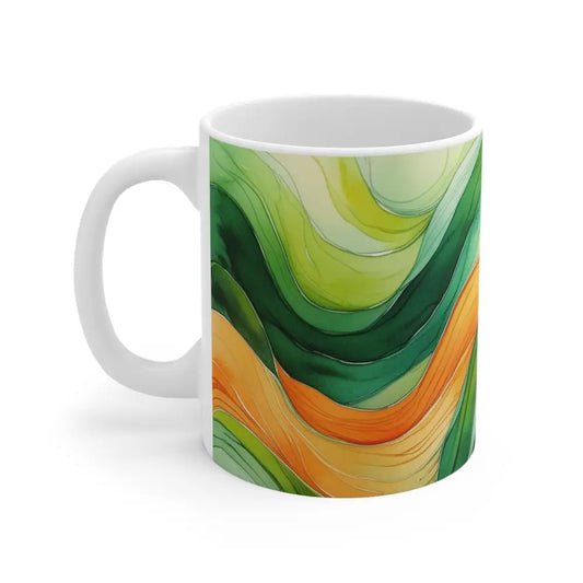 Green and Orange Watercolour Whimsical Waves - Ceramic Coffee Mug 11oz