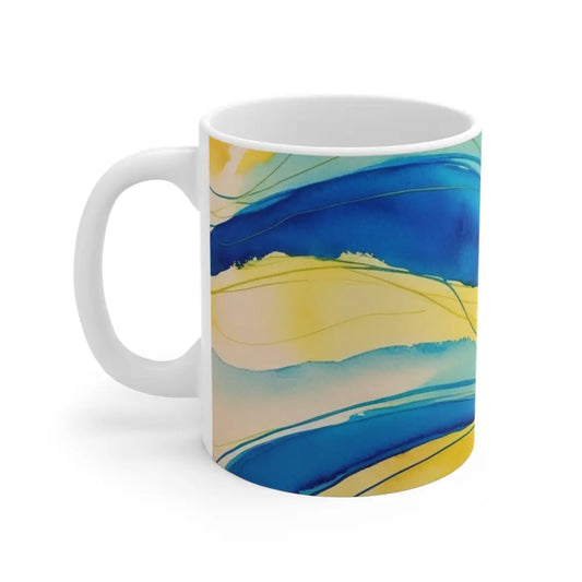 Blue and Yellow Watercolour Whimsical Waves- Ceramic Coffee Mug 11oz