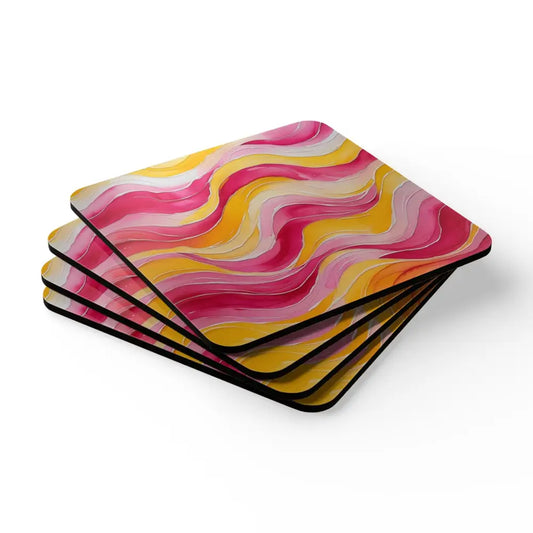 Pink and Yellow Watercolour Whimsical Waves - 4 Piece Corkwood Coaster Set