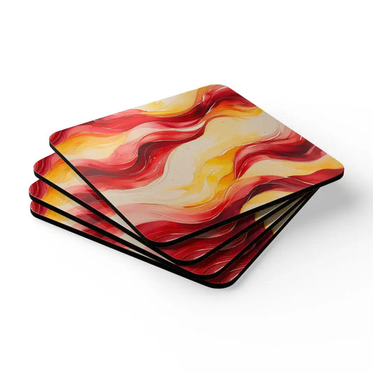 Red and Yellow Watercolour Whimsical Waves - 4 Piece Corkwood Coaster Set