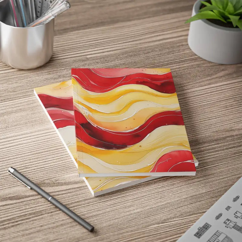 Red and Yellow Watercolour Whimsical Waves - Softcover Notebook A5